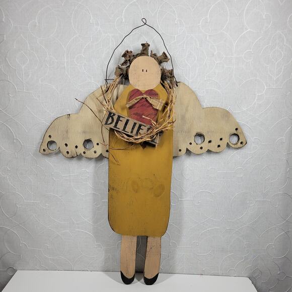 VTG Angel Door Hang 27" Handcrafted Wood Spool Heart Folk Art Primitive Holiday - Picture 1 of 15